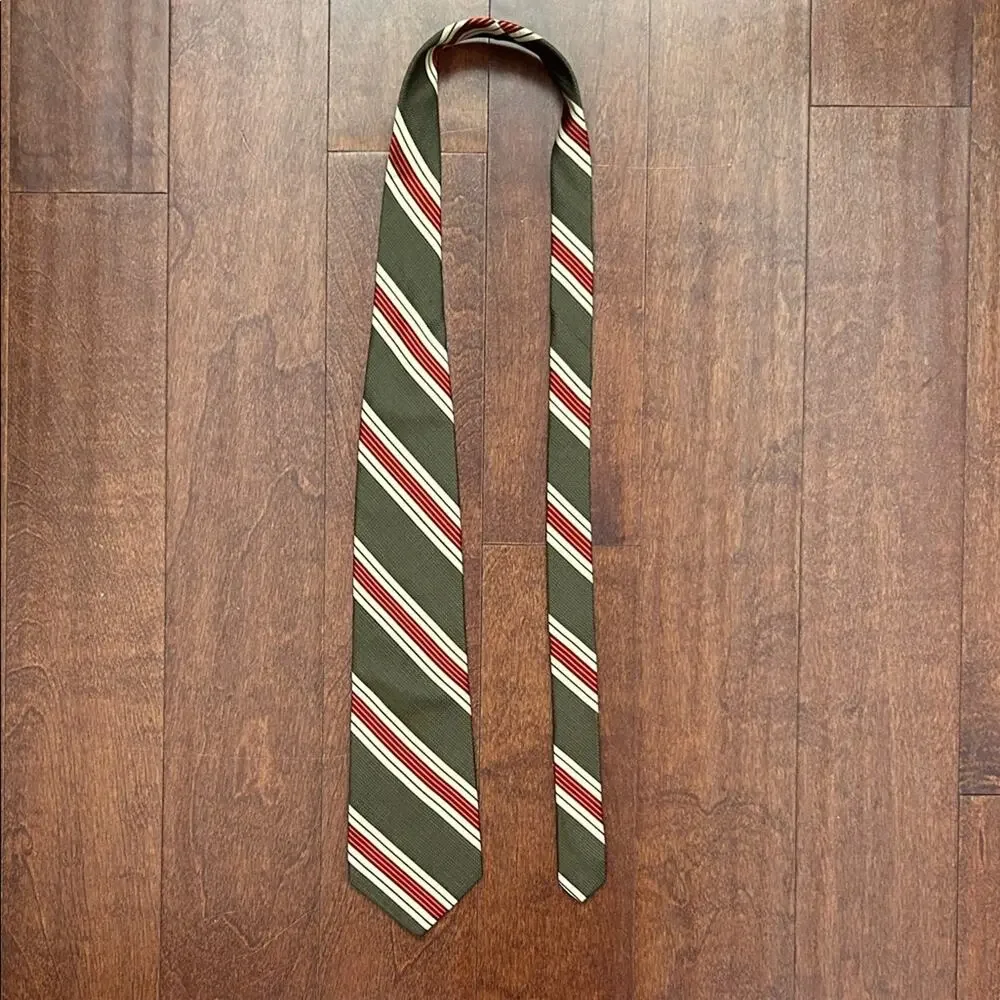 Gap Classic Retro Striped Tie in Khaki Green, Red, and Cream, 100% Silk